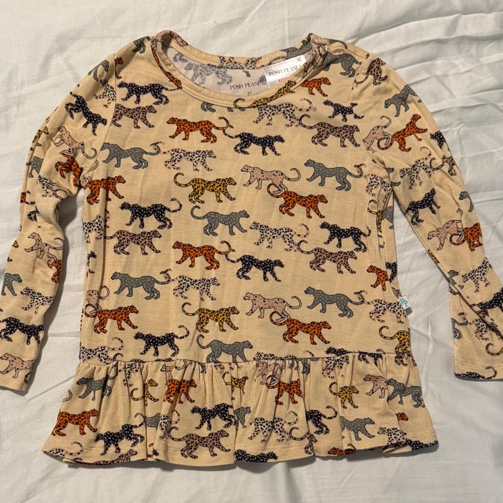 Posh Peanut Beige Long Sleeve Leopard Print Peplum Top